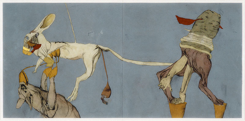 Max Wyse, « Les lièvres et leurs enfants » 2003 technique mixte sur plexi (diptyque) 246 cm x 142 cm